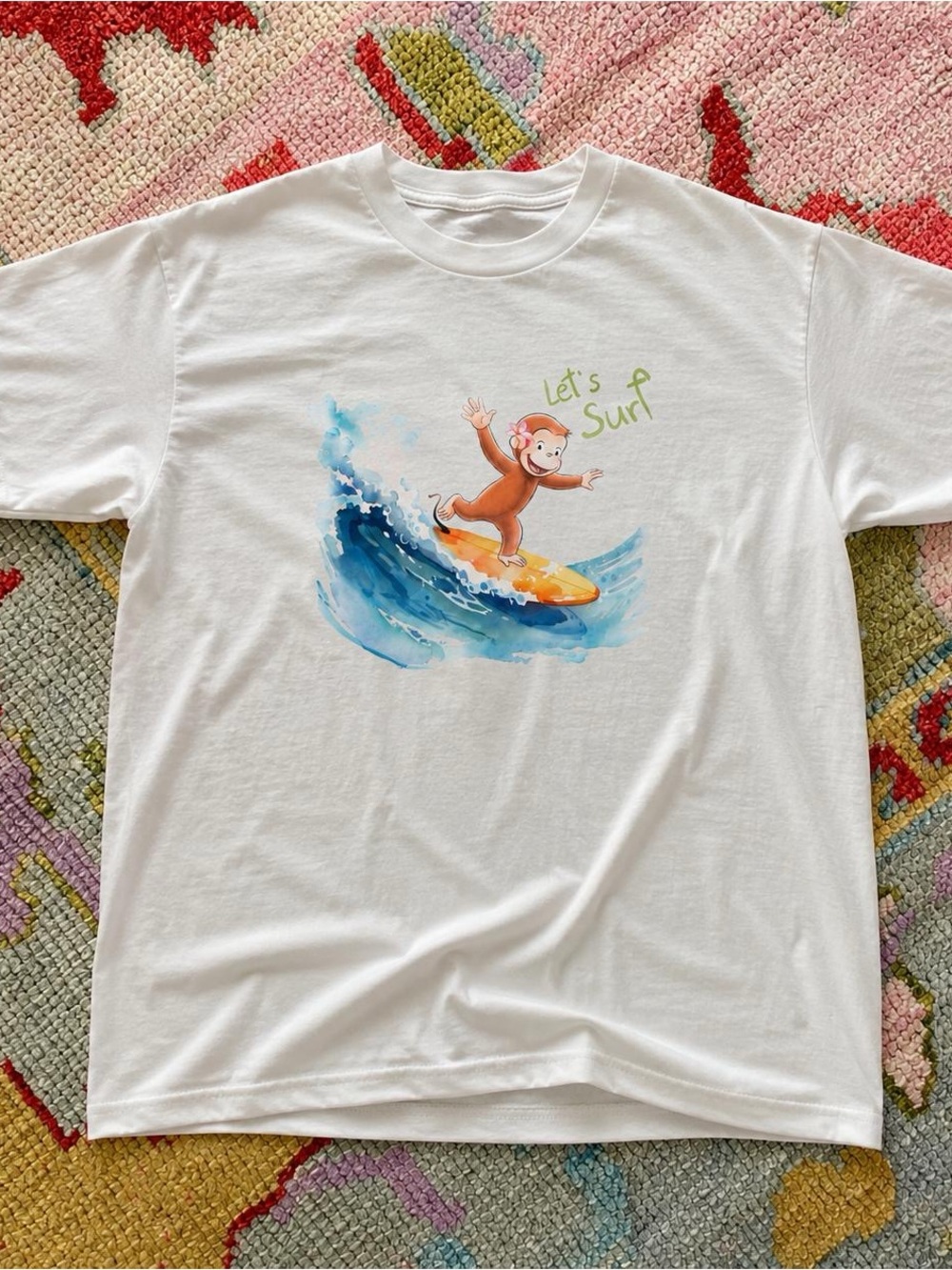 White Graphic Tee with Surfing Monkey | Curious George Gildan Unisex T-Shirt
